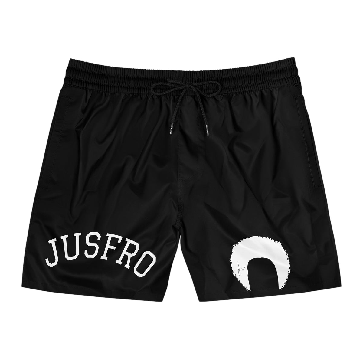 Men's Black Swim Shorts with JUSFRO Logo & Afro Silhouette — Mid-Length Beach Trunks